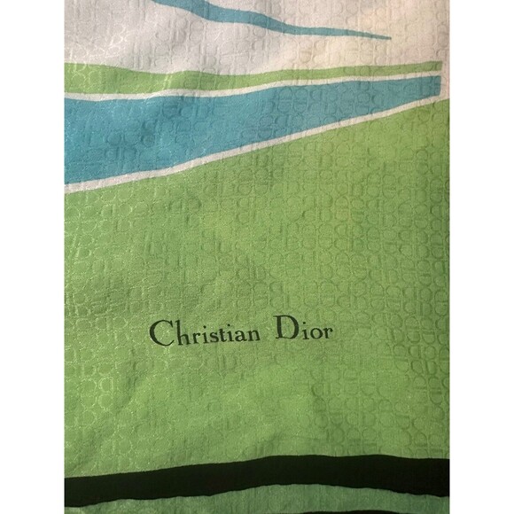 Vtg Christian Dior Multi-Color White Teal Green Black Abstract CD Monogram Scarf - Picture 5 of 15